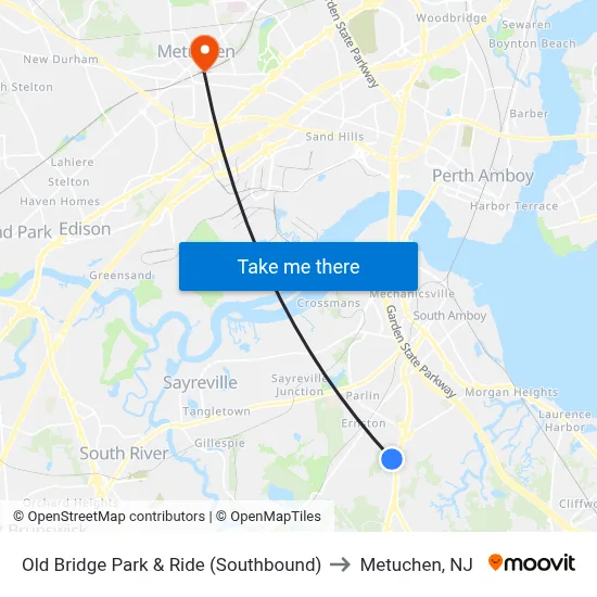 Old Bridge Park & Ride (Southbound) to Metuchen, NJ map