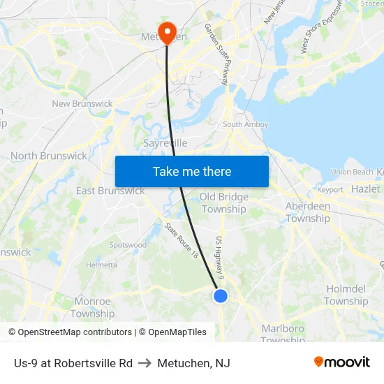 Us-9 at Robertsville Rd to Metuchen, NJ map