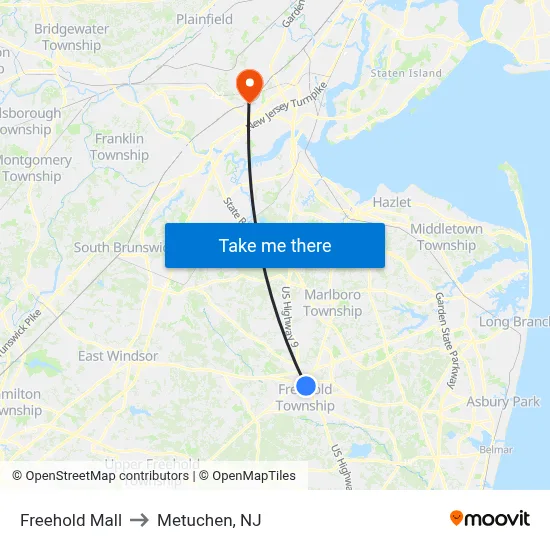 Freehold Mall to Metuchen, NJ map