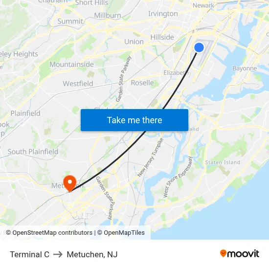 Terminal C to Metuchen, NJ map