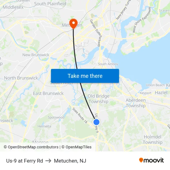 Us-9 at Ferry Rd to Metuchen, NJ map