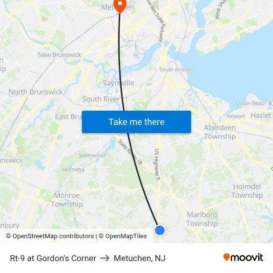 Rt-9 at Gordon's Corner to Metuchen, NJ map