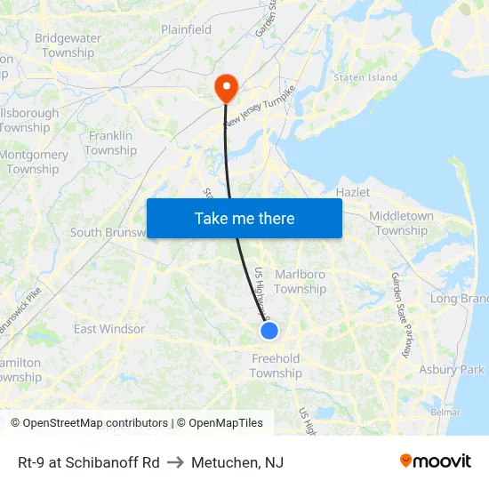 Rt-9 at Schibanoff Rd to Metuchen, NJ map