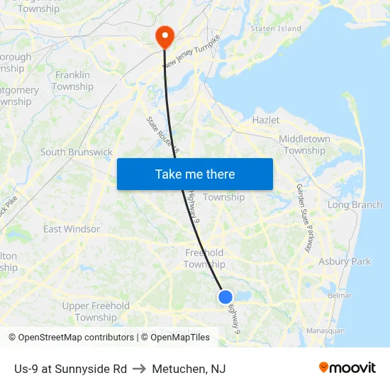 Us-9 at Sunnyside Rd to Metuchen, NJ map