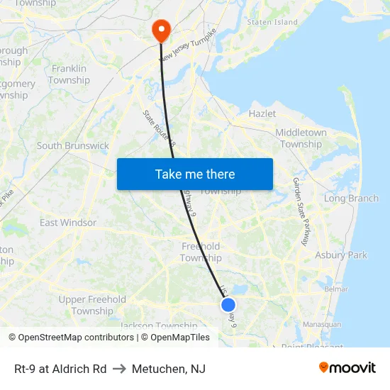 Rt-9 at Aldrich Rd to Metuchen, NJ map