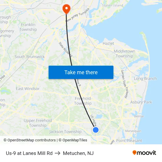 Us-9 at Lanes Mill Rd to Metuchen, NJ map