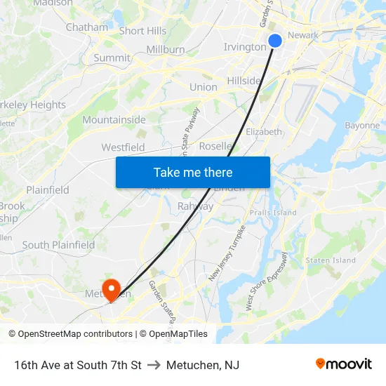 16th Ave at South 7th St to Metuchen, NJ map
