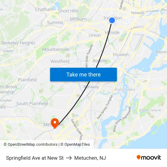 Springfield Ave at New St to Metuchen, NJ map