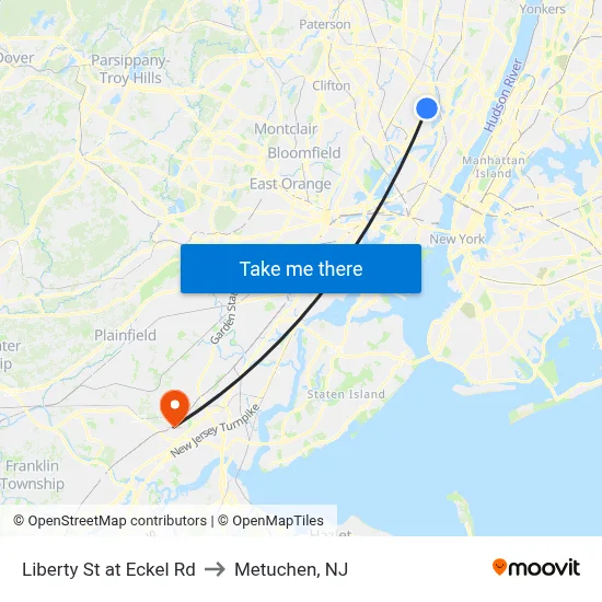 Liberty St at Eckel Rd to Metuchen, NJ map