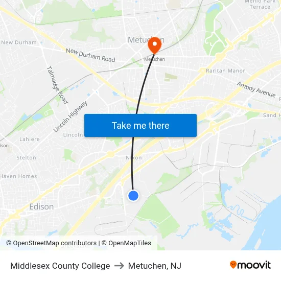 Middlesex County College to Metuchen, NJ map