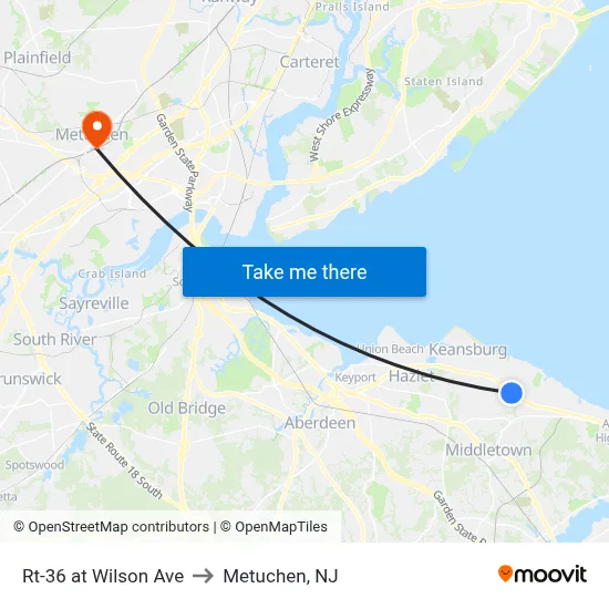 Rt-36 at Wilson Ave to Metuchen, NJ map