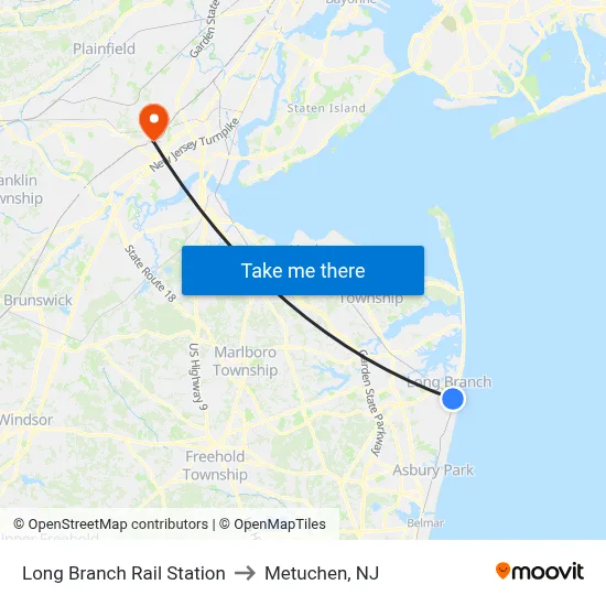 Long Branch Rail Station to Metuchen, NJ map