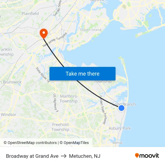 Broadway at Grand Ave to Metuchen, NJ map