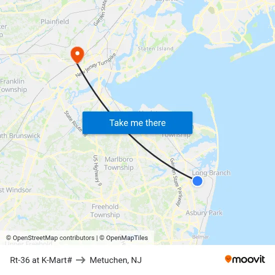 Rt-36 at K-Mart# to Metuchen, NJ map