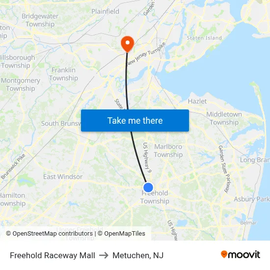 Freehold Raceway Mall to Metuchen, NJ map