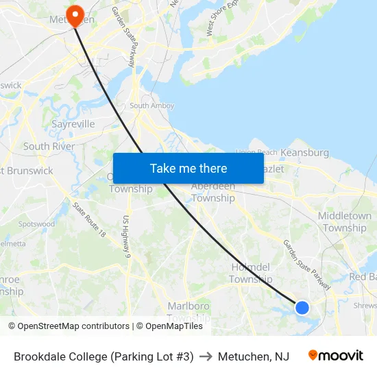 Brookdale College (Parking Lot #3) to Metuchen, NJ map