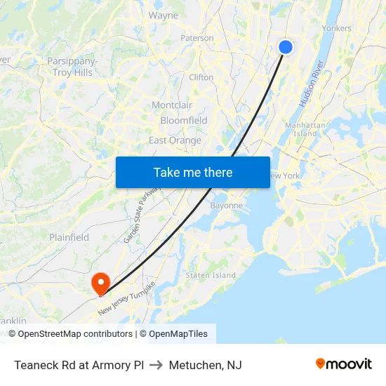 Teaneck Rd at Armory Pl to Metuchen, NJ map