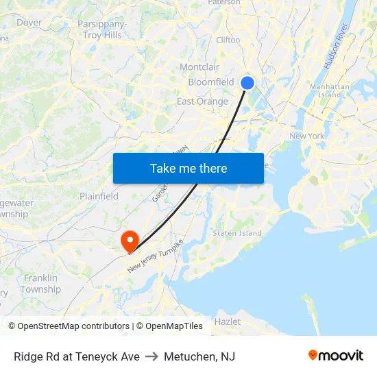 Ridge Rd at Teneyck Ave to Metuchen, NJ map