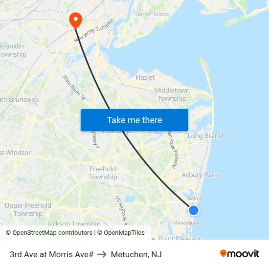 3rd Ave at Morris Ave# to Metuchen, NJ map