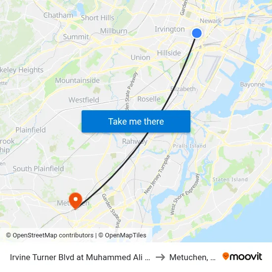 Irvine Turner Blvd at Muhammed Ali Ave to Metuchen, NJ map