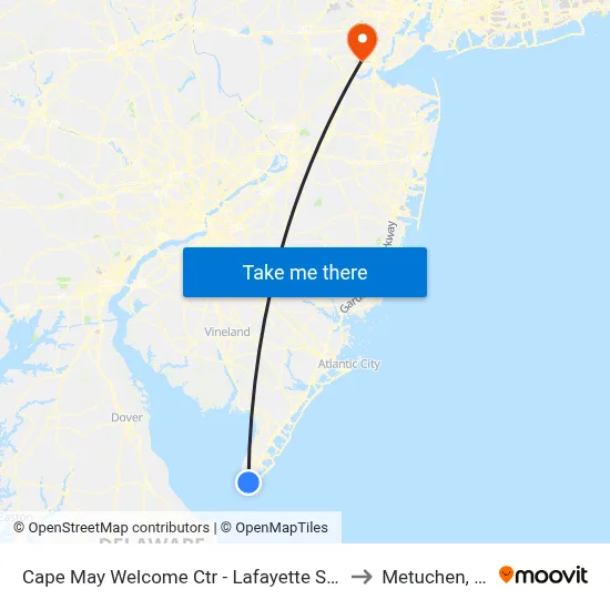 Cape May Welcome Ctr - Lafayette Street to Metuchen, NJ map