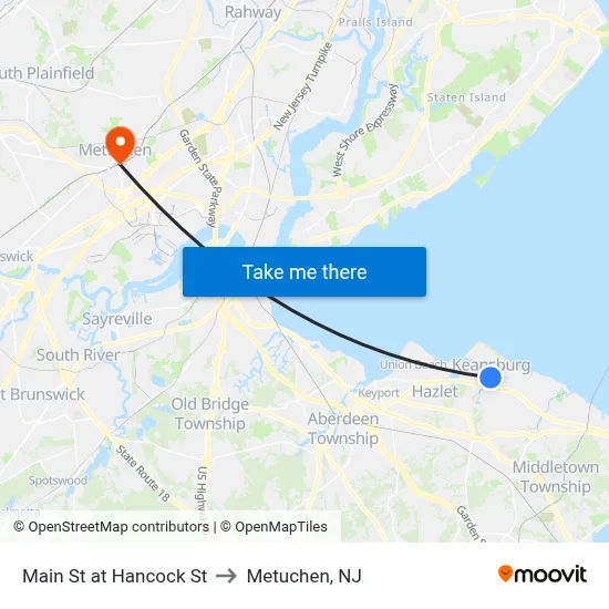 Main St at Hancock St to Metuchen, NJ map
