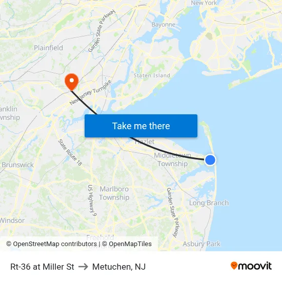 Rt-36 at Miller St to Metuchen, NJ map