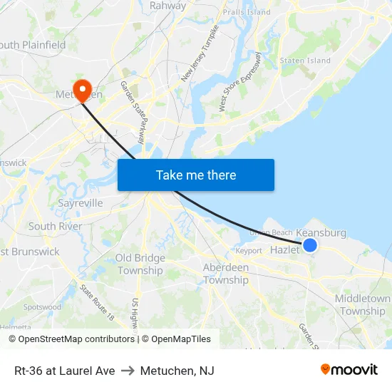 Rt-36 at Laurel Ave to Metuchen, NJ map