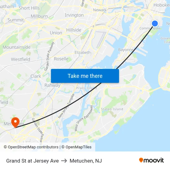 Grand St at Jersey Ave to Metuchen, NJ map