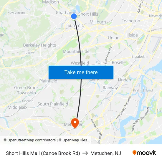 Short Hills Mall (Canoe Brook Rd) to Metuchen, NJ map