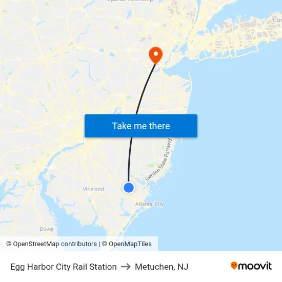 Egg Harbor City Rail Station to Metuchen, NJ map