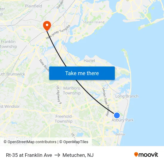 Rt-35 at Franklin Ave to Metuchen, NJ map