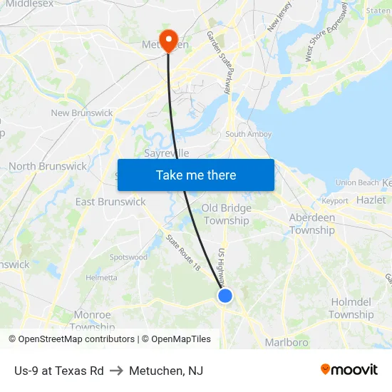 Us-9 at Texas Rd to Metuchen, NJ map