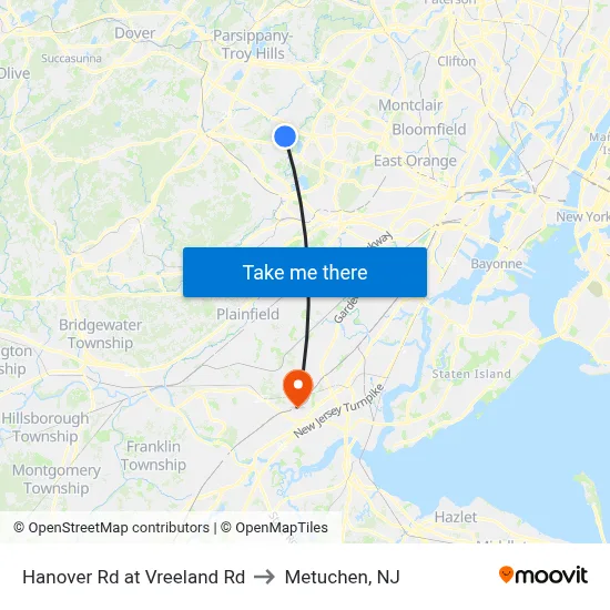 Hanover Rd at Vreeland Rd to Metuchen, NJ map