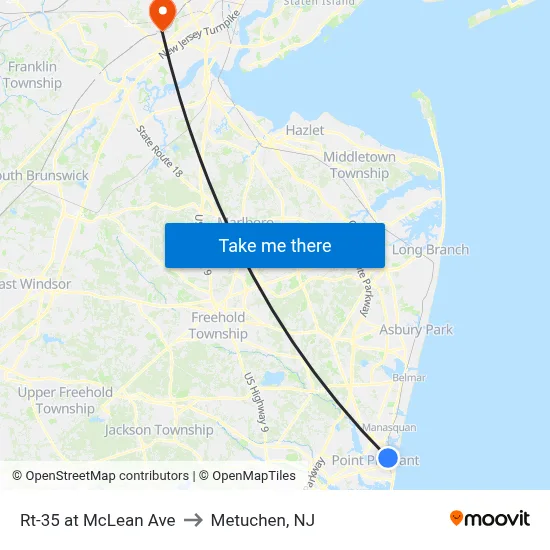 Rt-35 at McLean Ave to Metuchen, NJ map