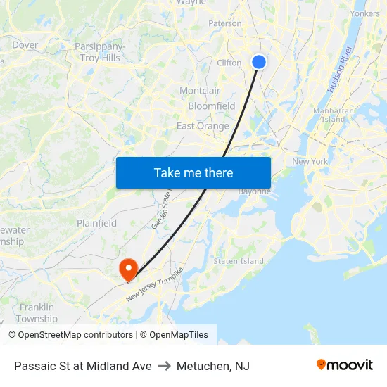 Passaic St at Midland Ave to Metuchen, NJ map