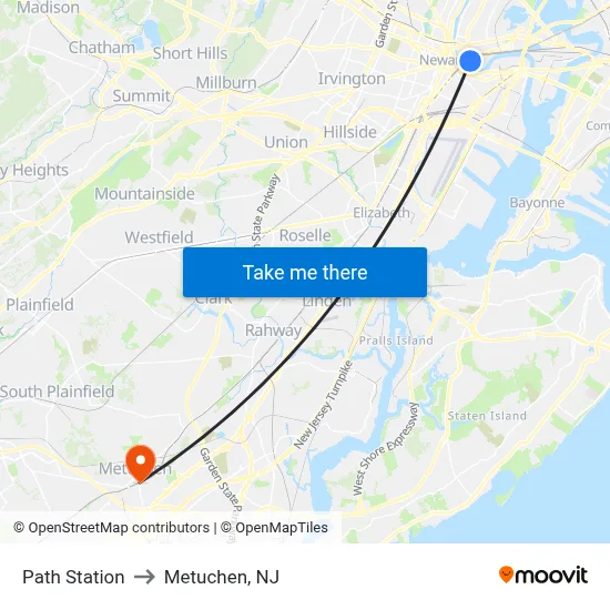 Path Station to Metuchen, NJ map