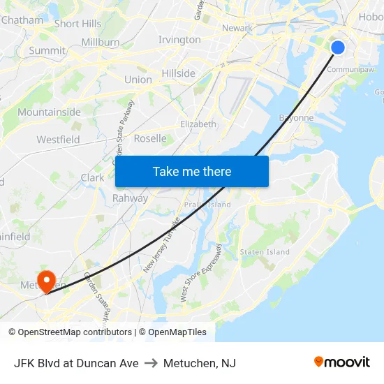 JFK Blvd at Duncan Ave to Metuchen, NJ map
