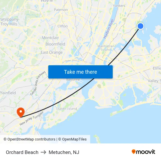Orchard Beach to Metuchen, NJ map