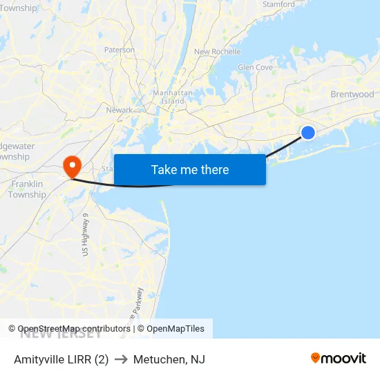 Amityville LIRR (2) to Metuchen, NJ map
