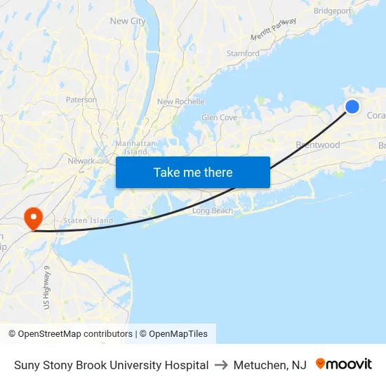 Suny Stony Brook University Hospital to Metuchen, NJ map