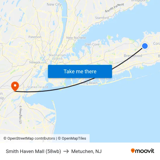 Smith Haven Mall (58wb) to Metuchen, NJ map