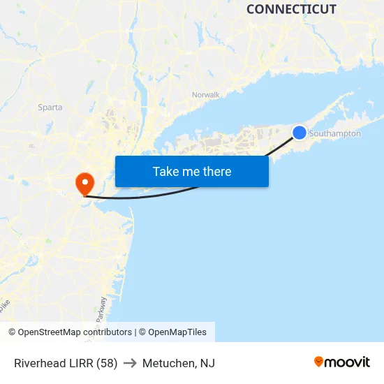 Riverhead LIRR (58) to Metuchen, NJ map