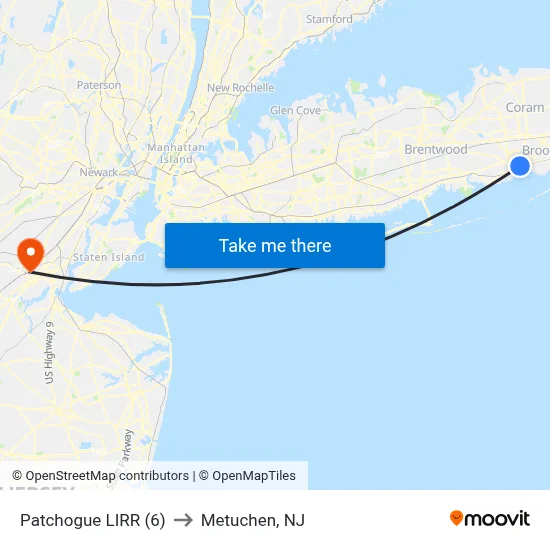 Patchogue LIRR (6) to Metuchen, NJ map