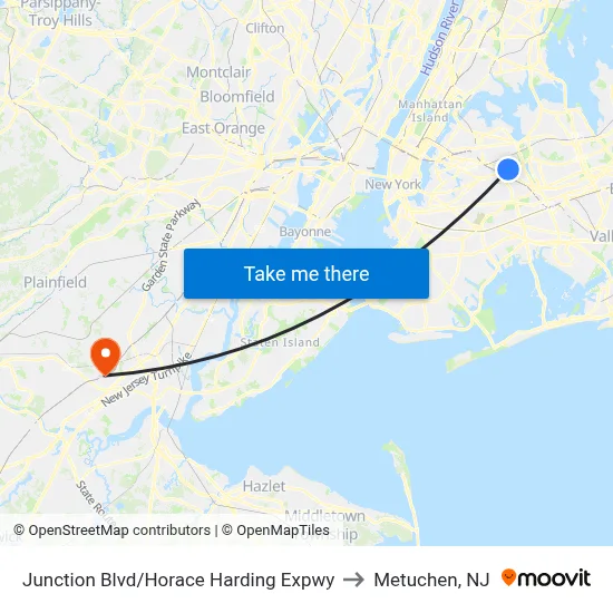 Junction Blvd/Horace Harding Expwy to Metuchen, NJ map