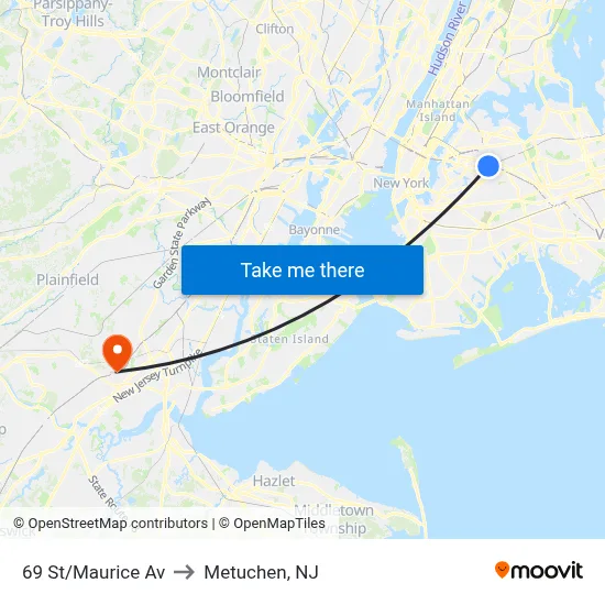 69 St/Maurice Av to Metuchen, NJ map