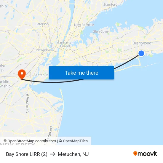 Bay Shore LIRR (2) to Metuchen, NJ map