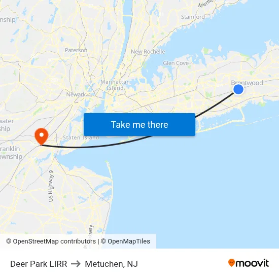Deer Park LIRR to Metuchen, NJ map