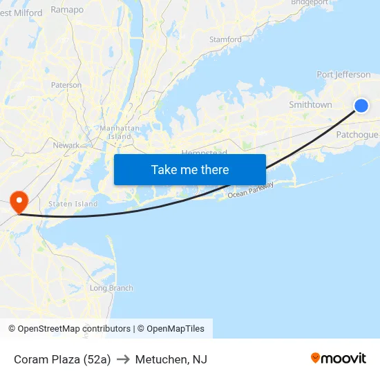 Coram Plaza (52a) to Metuchen, NJ map