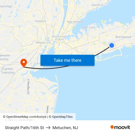Straight Path/16th St to Metuchen, NJ map